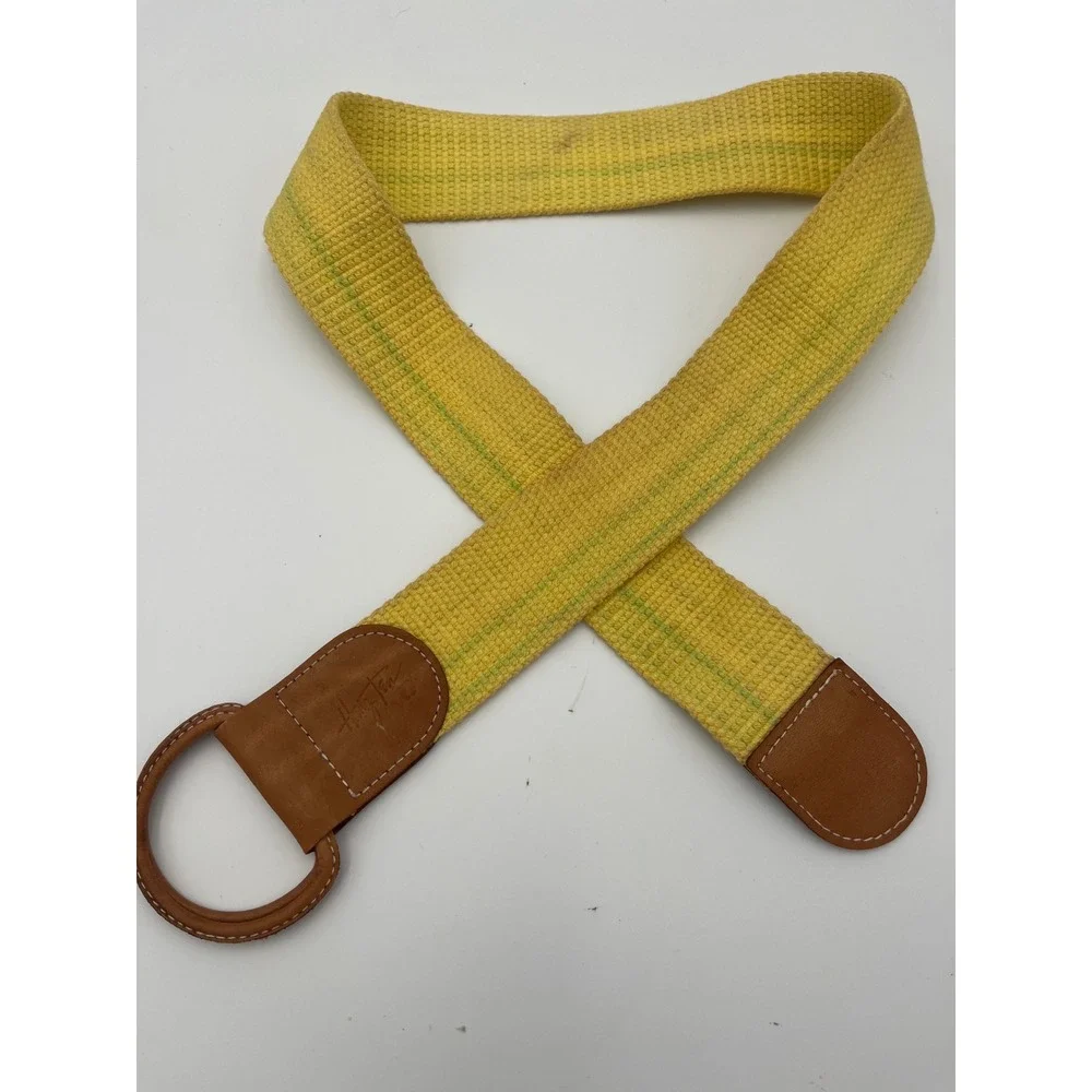 Hang Ten Vintage Yellow Woven D-Ring Belt Leather Trim Surf Retro 36.5 Inch
